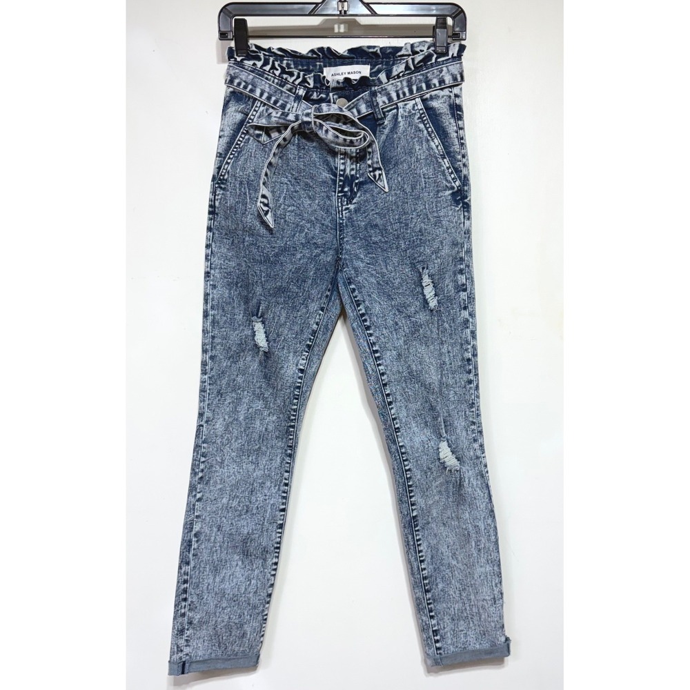 Ashley Mason Acid Wash Paperbag Waist Distressed Skinny Jeans Blue Size 5 Y2K
